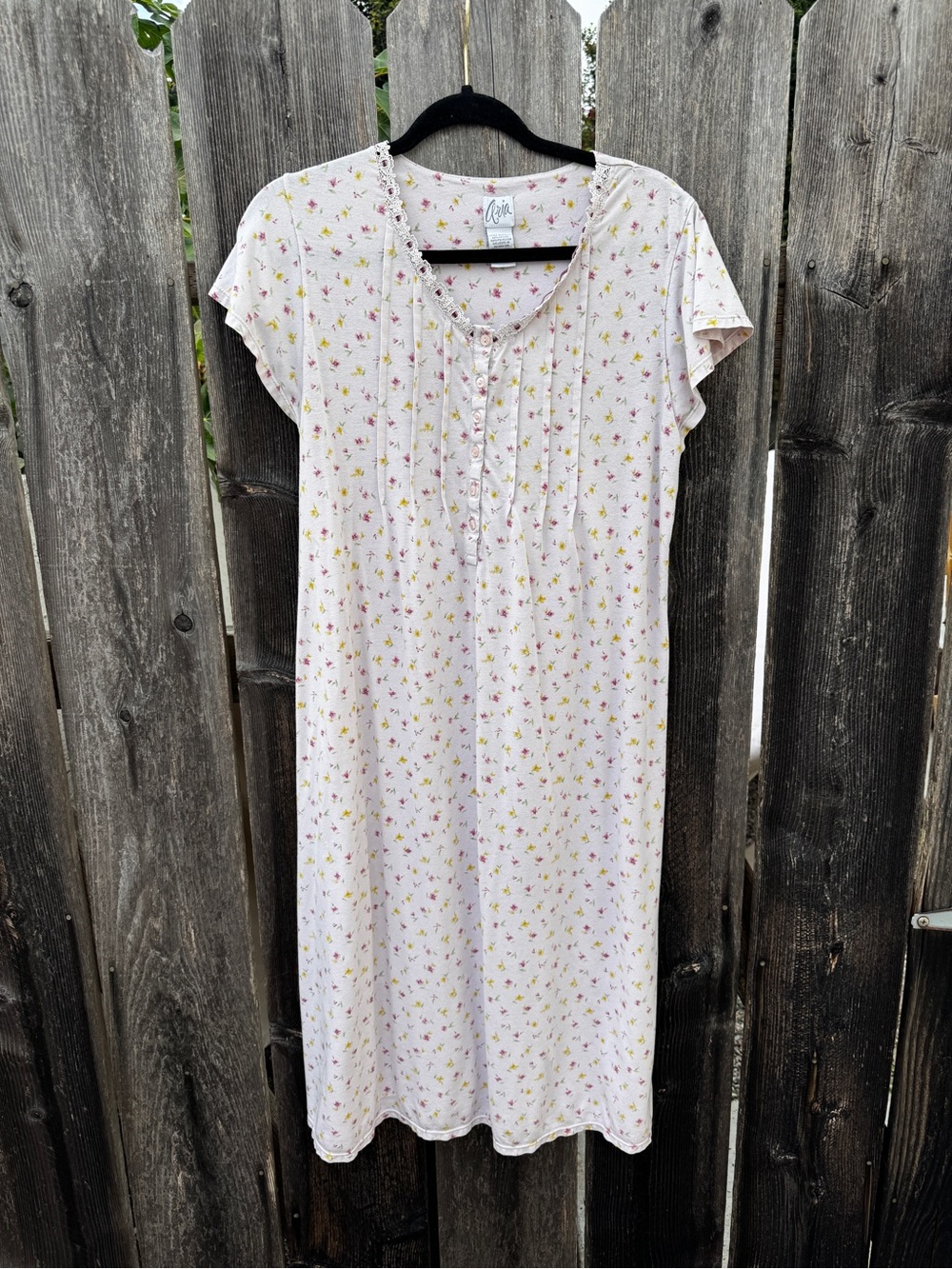Vintage 90s Aria Pink Floral Sleep Top Nightgown Yellow Blossoms Lace Trim
